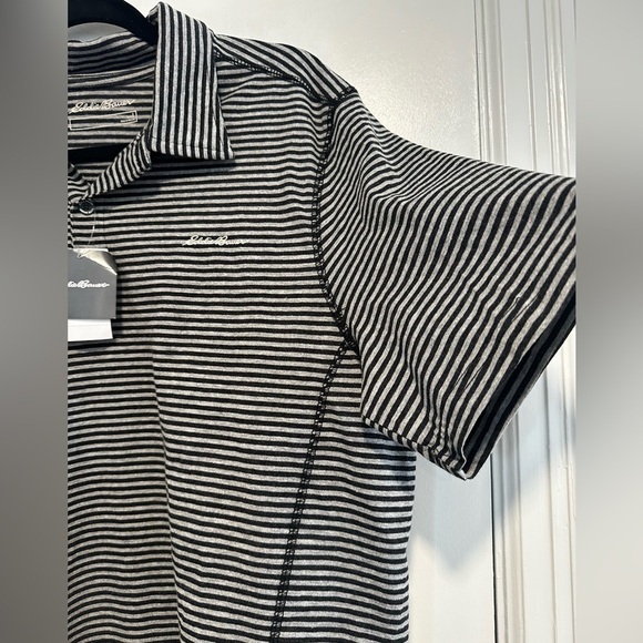 NWT Eddie Bauer Mens Gray Black Mini Stripe Short Sleeve Casual Polo Large. - Picture 10 of 10